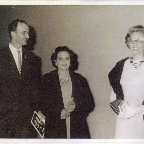 Jennifer Blocksidge, far right, with Max and Rikki Burke at Her Majesty's for the opening night of Woman in a Dressing Gown starring Googie Withers, July 1963.