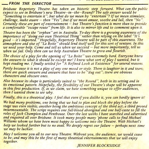 Jennifer Blocksidge's Director's Program Notes from A Refined Look at Existence, 1972.