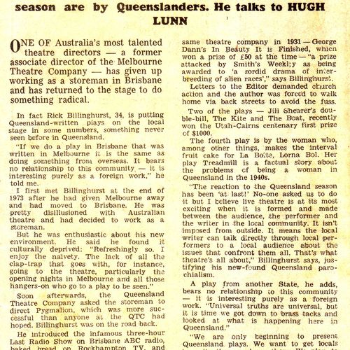 Hugh Lunn reports on Rick Billinghurst's ground-breaking season of Three Queensland Playwrights, 1977