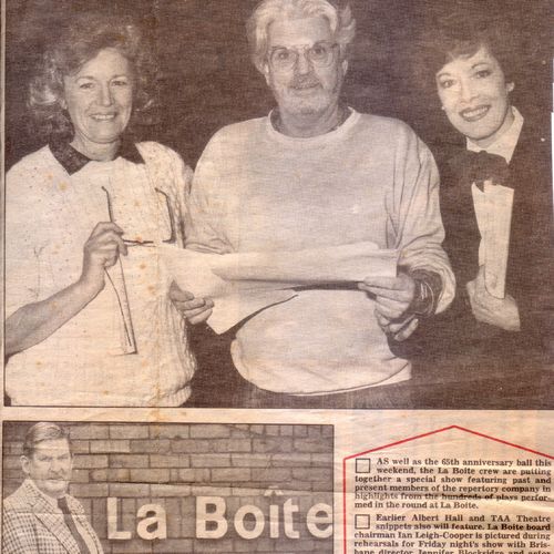 65th Anniversary with Jennifer Blocksidge, Ian Leigh-Cooper & Muriel Watson.
Ray Barrett next to La Boite sign.